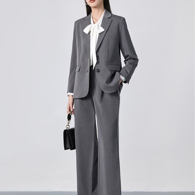 Princess Min-Long-Sleeve Tie-Neck Plain Blouse Single-Breasted Blazer High Rise Loose Fit Slacks Set