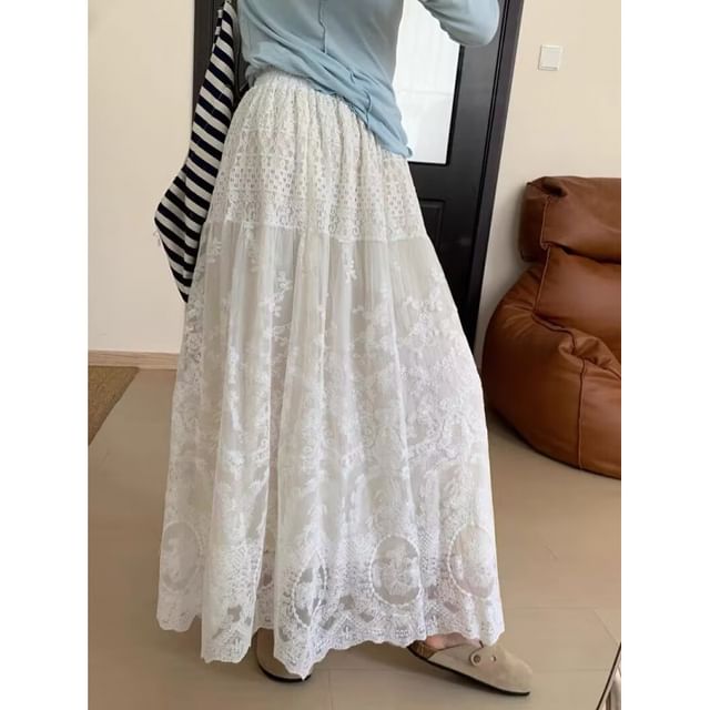 Supernova-High Waist Lace Maxi A-Line Skirt