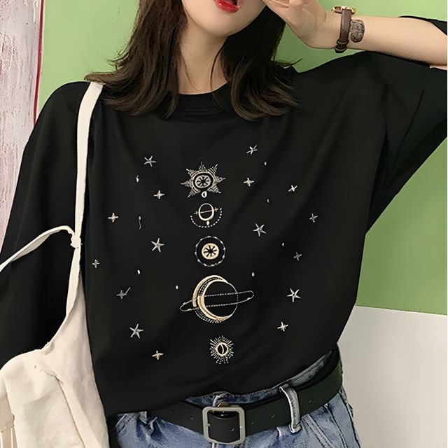 Moon City - Short-Sleeve Embroidered T-Shirt | YesStyle