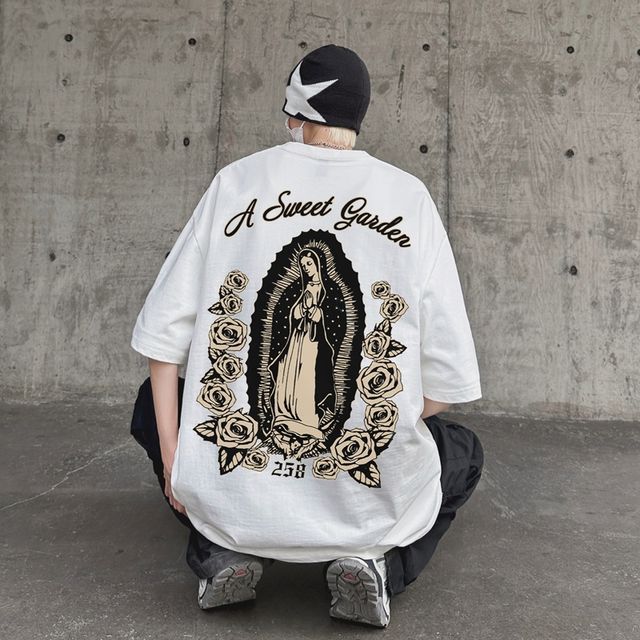 Bay Go Mall - Elbow-Sleeve Crew Neck Virgin Mary Print T-Shirt