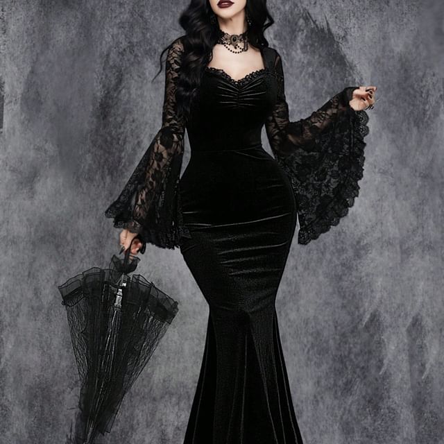 Miss Adams - Long-Sleeve Lace Panel Maxi Mermaid Dress | YesStyle