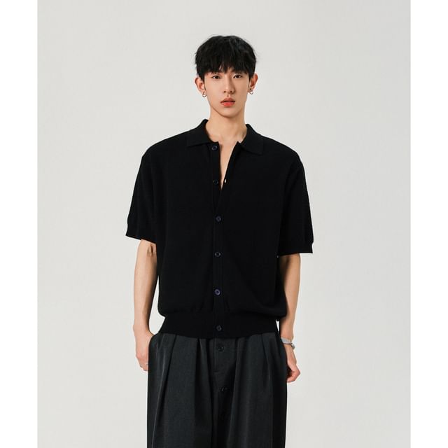 Omozando-Short Sleeve Collared Plain Cardigan