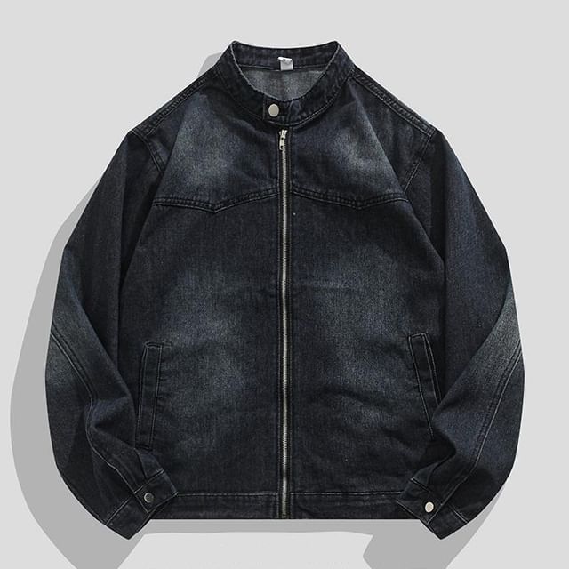 purplelouve-Stand Collar Denim Zip-Up Jacket