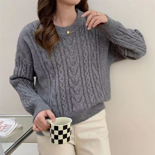 Cloud Nine-Crew Neck Plain Cable Knit Sweater