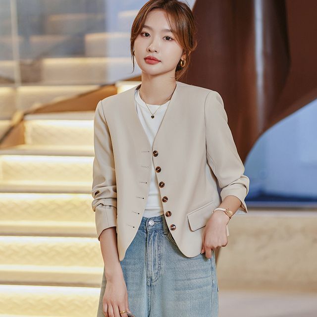 Skyheart-V-Neck Plain Button-Up Blazer
