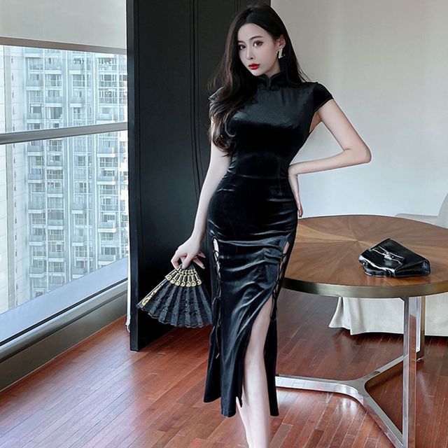 WOW!NITE - Cap-Sleeve Lace-Up Velvet Midi Mermaid Qipao Dress | YesStyle