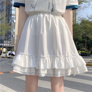 AKANYA High Waist Plain Frill Trim Mini A Line Skirt