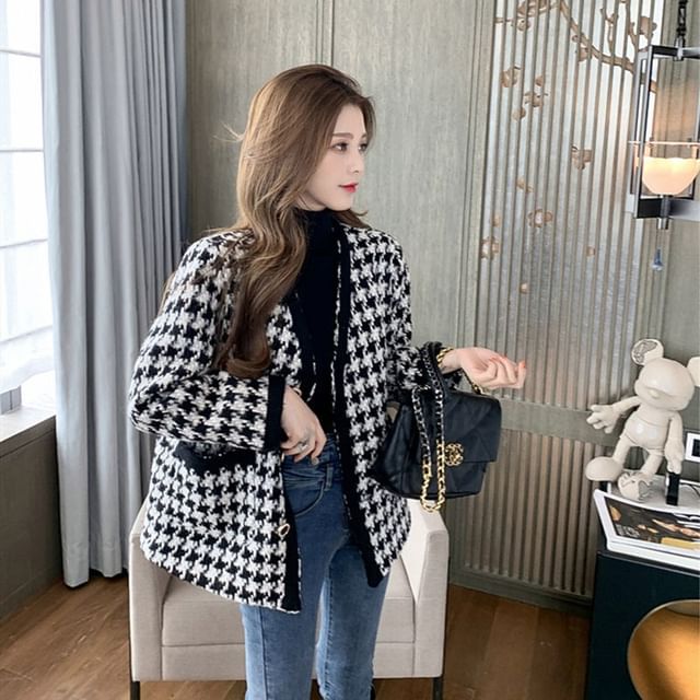 Shinsei-V-Neck Houndstooth Jacket