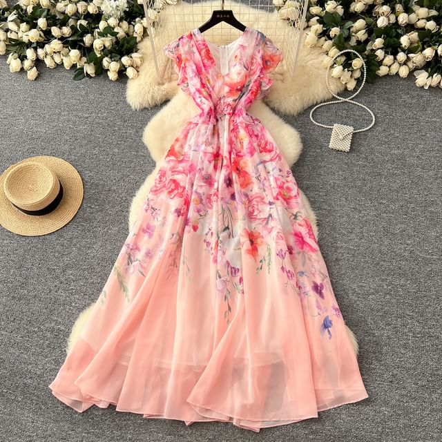 Lucuna - Cap Sleeve V-Neck Floral Print Ruffle Maxi A-Line Dress | YesStyle Lucuna - Cap Sleeve V-Neck Floral Print Ruffle Maxi A-Line Dress | YesStyle