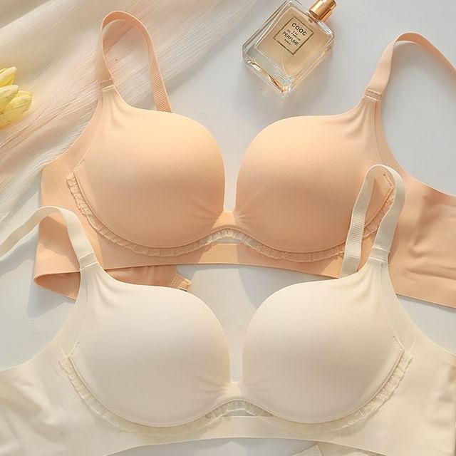 Gecko-Plain Lace Trim Push Up Bra