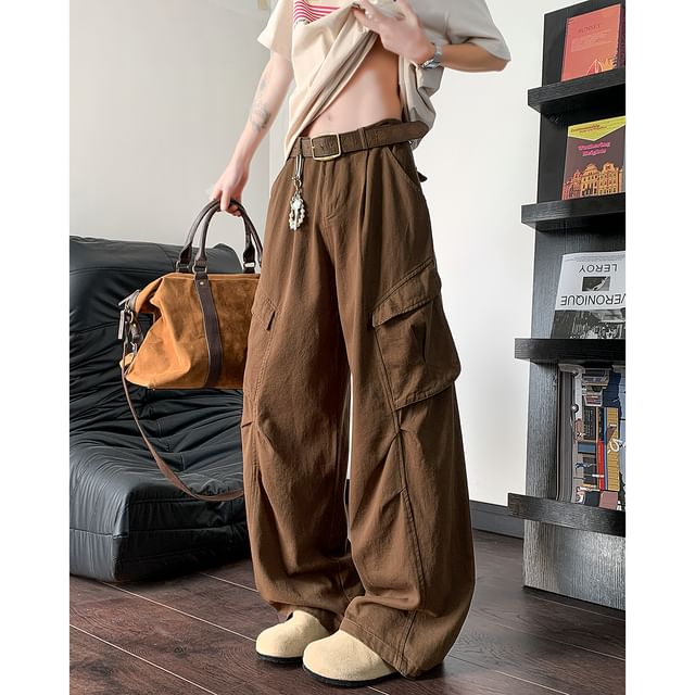 Plummie-High Waist Plain Wide Leg Cargo Pants
