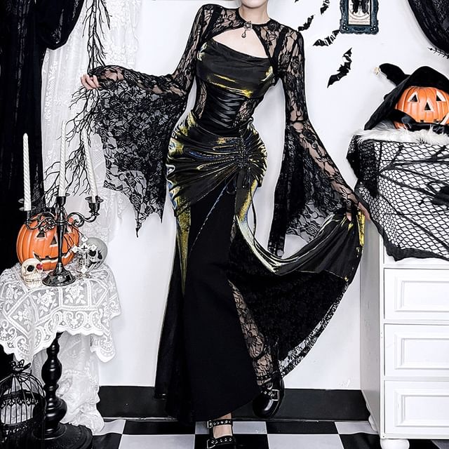 meadowdrop - Spaghetti Strap Lace Panel Maxi Mermaid Dress / Floral Lace Bolero Jacket | YesStyle meadowdrop - Spaghetti Strap Lace Panel Maxi Mermaid Dress / Floral Lace Bolero Jacket | YesStyle