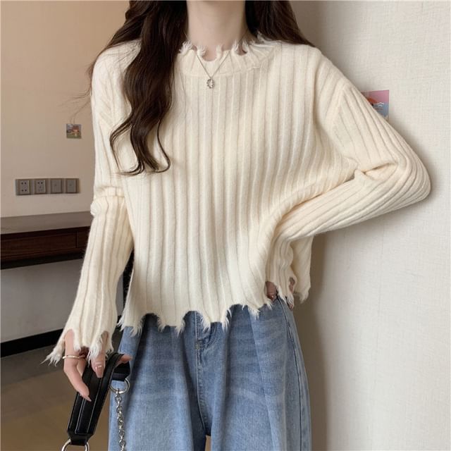 Sisyphi-Round Neck Plain Ribbed Knit Sweater