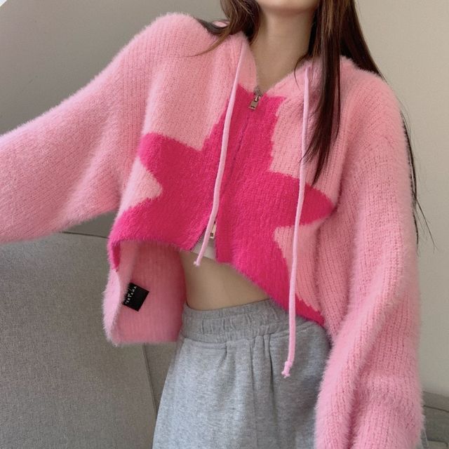 Okalpis LongSleeve Star Pattern Cropped Knit Hooded Jacket YesStyle