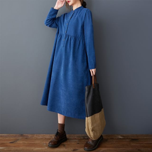 Lewwe-Long-Sleeve Half Buttoned Plain Midi Dress