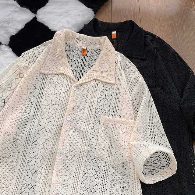 Whyessa-Short-Sleeve Plain Perforated Button-Up Shirt