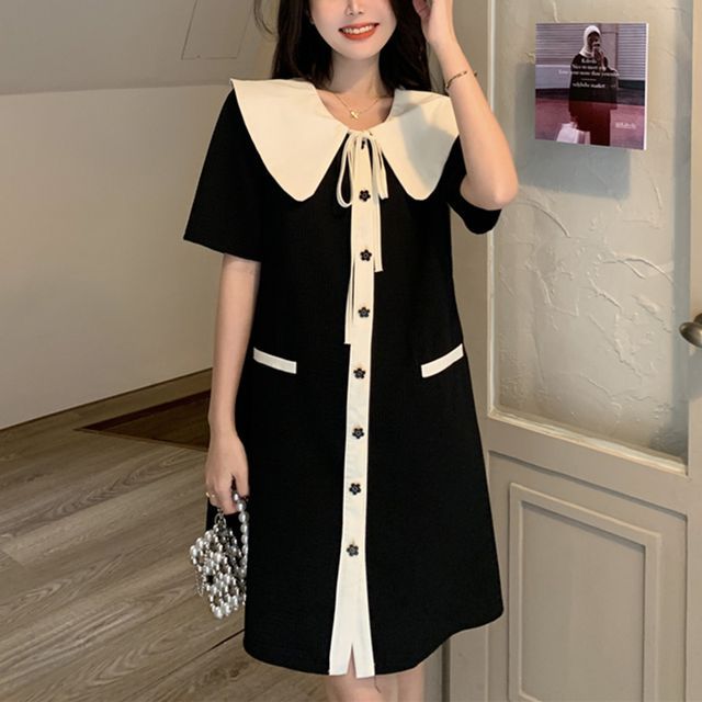 Parimoske - Short-Sleeve Peter Pan Collar Dress | YesStyle