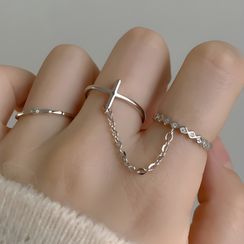 CatSoul - Set of 2: Chained Double Ring + Rhinestone Ring