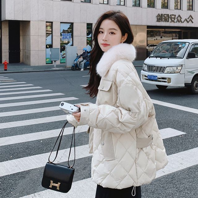 QUAIN Panel ShearlingCollar Quilted Embossed Down Coat Jacket YesStyle