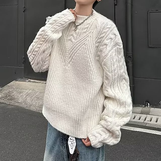 Ateso-Crewneck Cable Knit Plain Sweater