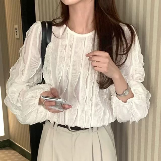 Coris-Long Sleeve Crew Neck Plain Ruffle Blouse