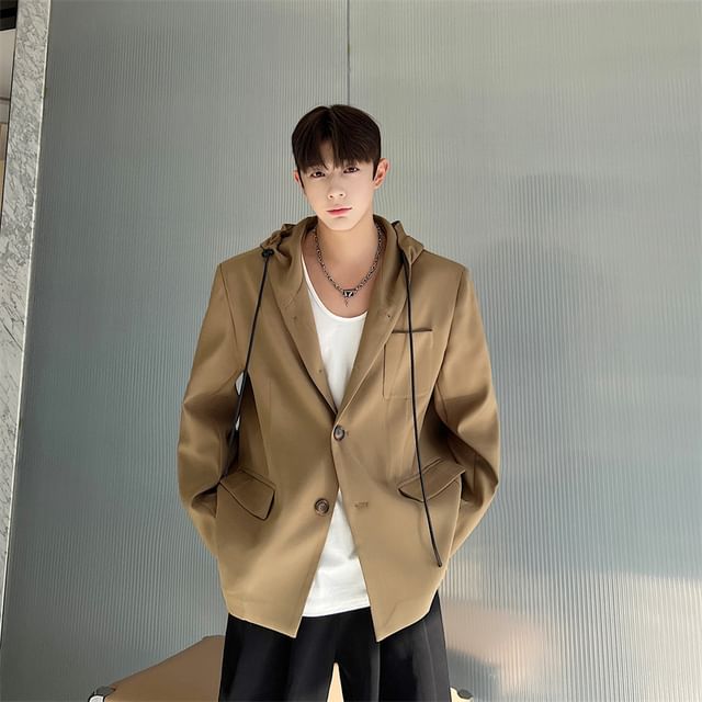 Patow-Plain Hooded Button-Up Blazer