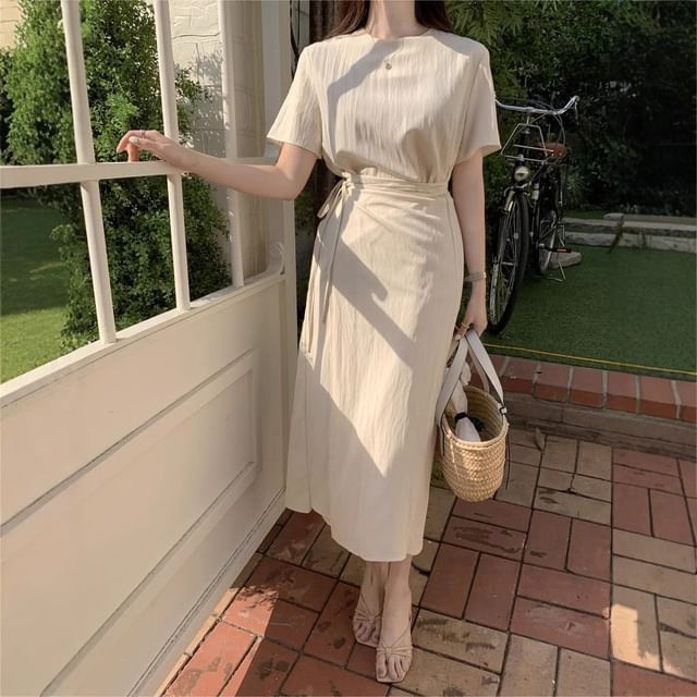 Tulstrix-Short Sleeve Round Neck Plain Mock Two Piece Midi Sheath Dress