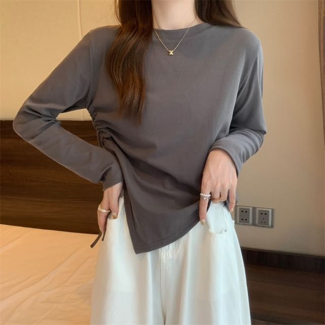 Cloud Nine-Long-Sleeve Crew Neck Plain Drawstring Slit T-Shirt