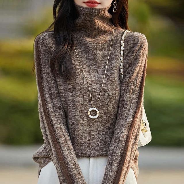 INEN-Turtleneck Striped Ribbed Knit Sweater