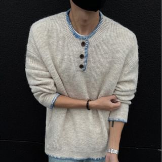Orungeetun-Henley Contrast Stitched Sweater