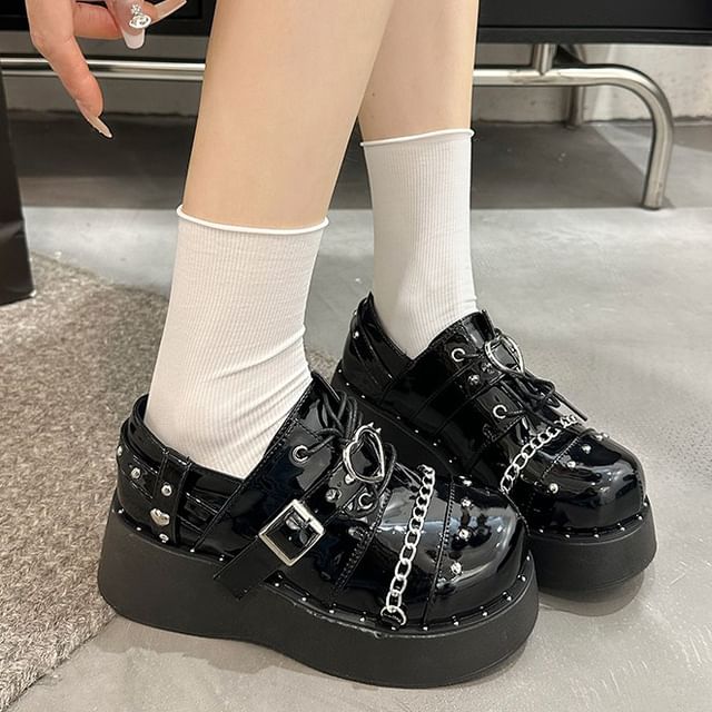 Nikao-Platform Studded Buckled Panel Lace Up Shoes