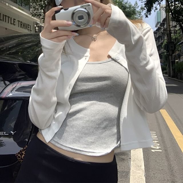 Beem-Crew Neck Plain Button Cropped Cardigan