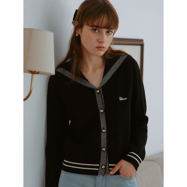 rolarola - Sailor-Collar Stripe Knit Cardigan (Black) | YesStyle