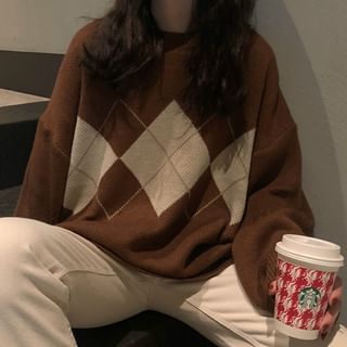 Sensarra - Crew-Neck Argyle Oversized Sweater