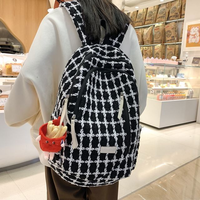 Gokk - Set: Plaid Backpack + Bag Charm | YesStyle