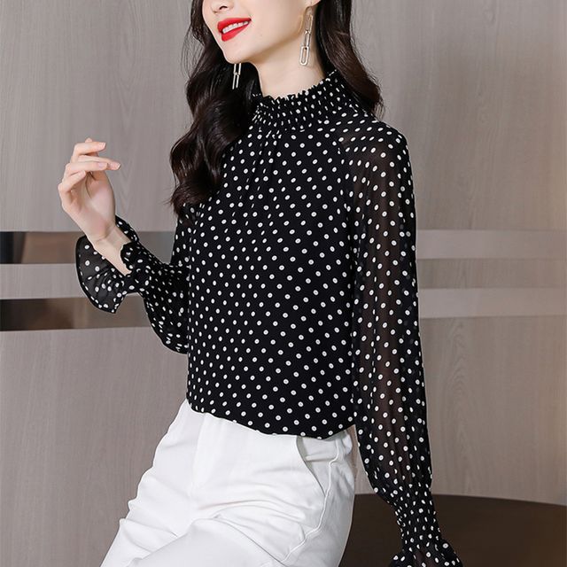 black and white polka dot chiffon blouse
