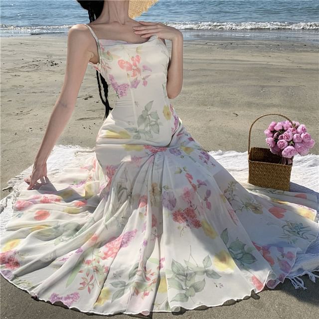 Faiar - Spaghetti Strap Cowl Neck Floral Print Open Back Maxi Mermaid Dress  | YesStyle