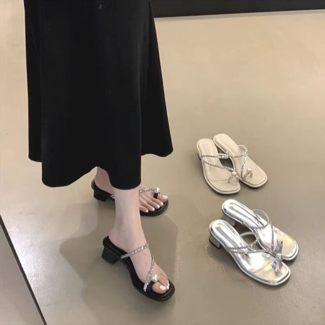 Anran-Rhinestone Beaded Toe Ring Chunky Heel Slide Sandals