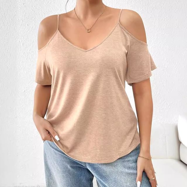 PlusPretty-Plus Size V-Neck Short Sleeve Loose Fit Tee
