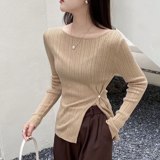 Striinkie-Long Sleeve Plain Ribbed-Knit Slit Top