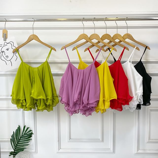 Iasia-Scoop Neck Plain Ruffle Chiffon Crop Cami Top