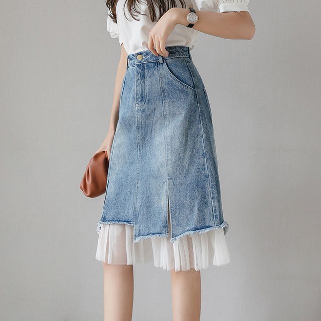 Juuri-High Waist Mesh Panel Denim A-Line Skirt