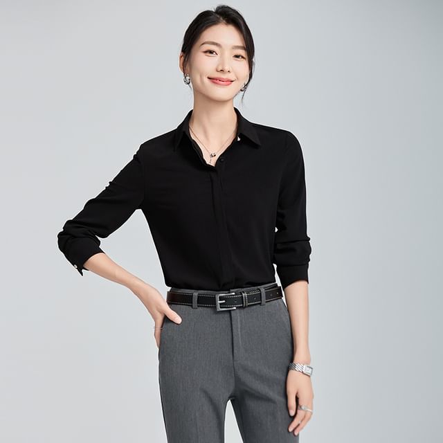 Skyheart-Long Sleeve Collared Plain Shirt