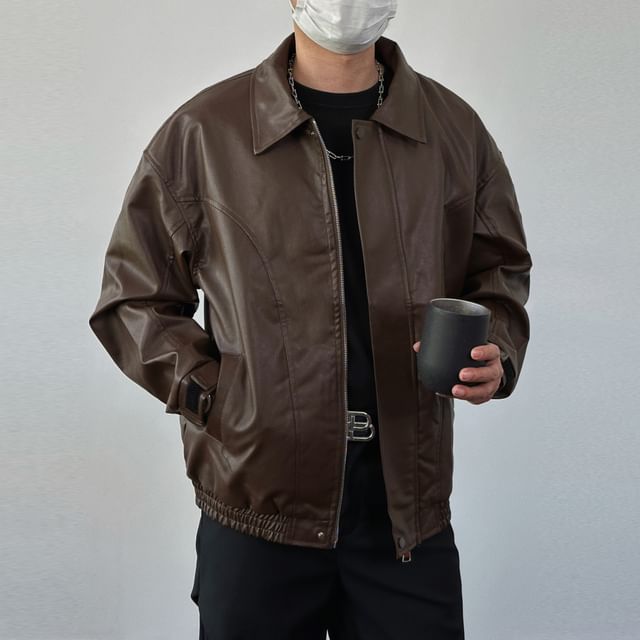 DragonRoad-Plain Faux Leather Zip Jacket