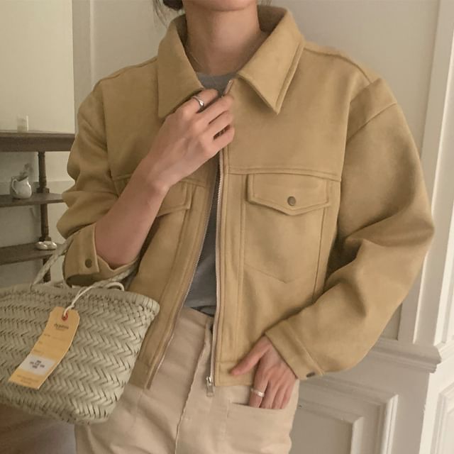 Jesong-Collared Plain Panel Zip Jacket