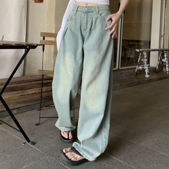 Kenning-Mid Waist Washed Wide Leg Jeans