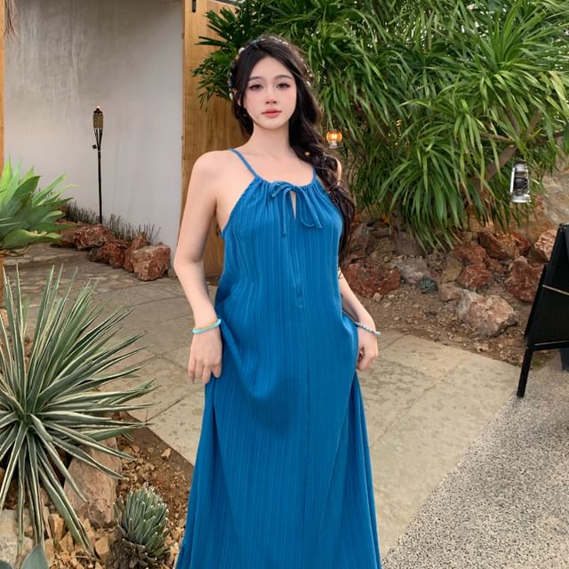 Fioridi-Spaghetti Strap Plain Ruffle Tie Front Maxi A-Line Dress