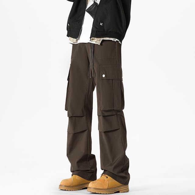 FOEV-Drawstring Waist Plain Wide Leg Cargo Pants