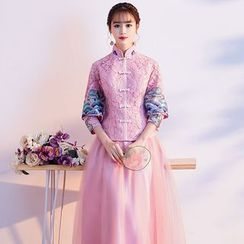 P-BRIDE - Chinese Style 3/4-Sleeve Maxi A-Line Dress