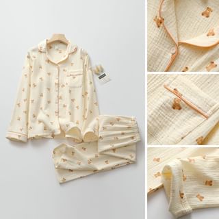 Finlies Pajama Set Long Sleeve Collared Bear Print Shirt + Elastic Waist Straight